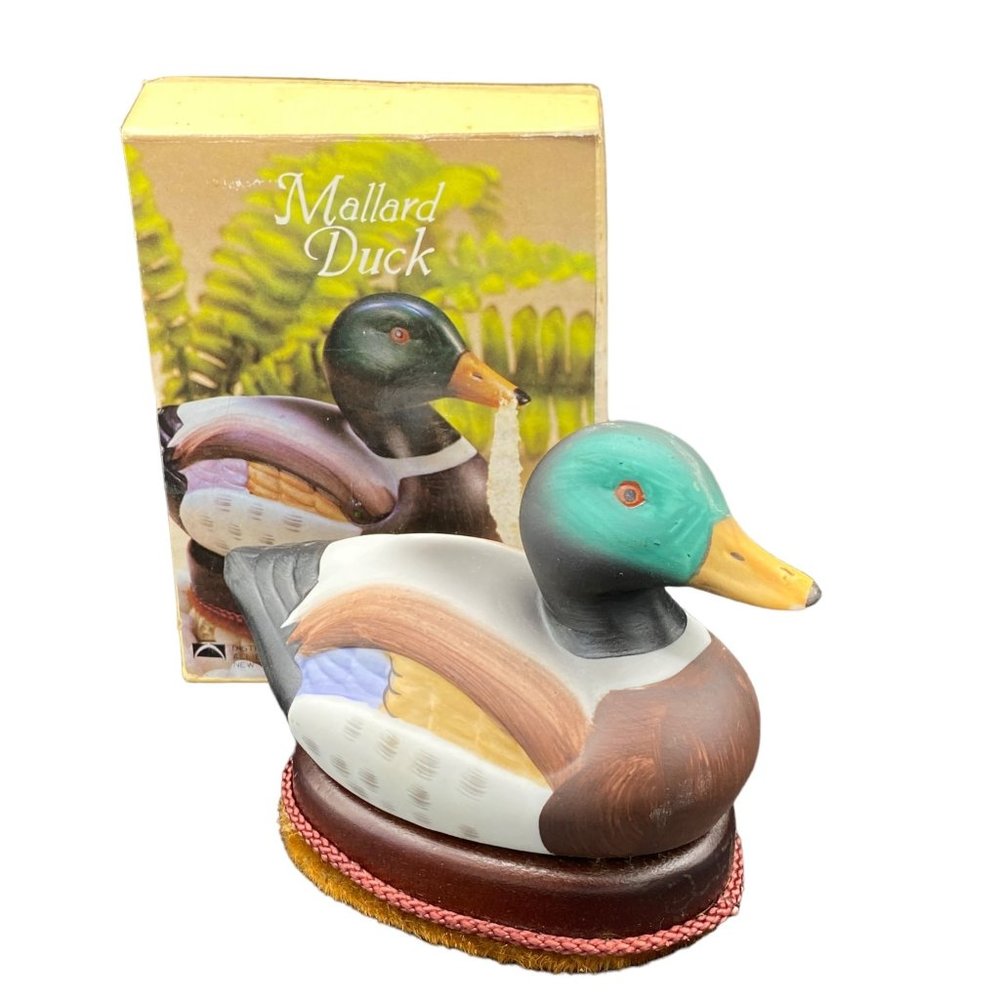 Vintage Mallard Duck Bisque Porcelain Wood Base Lint brush
